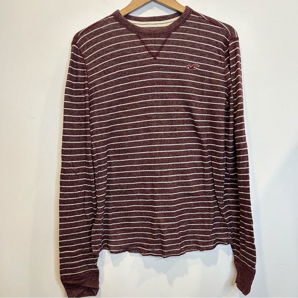 Hollister Men’s Burgundy Striped Long Sleeve Thermal Shirt